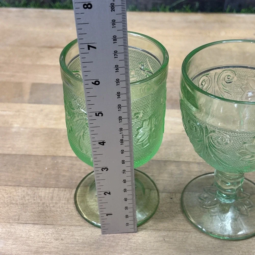 Vintage Tiara Indiana Glass Green Goblets Set of 2 Floral Pressed Glass Mixed